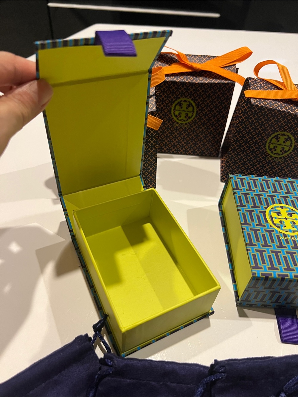 Tory Burch Gold Logo Charms with Orange, Blue and Purple Packaging - Picture 4 of 8